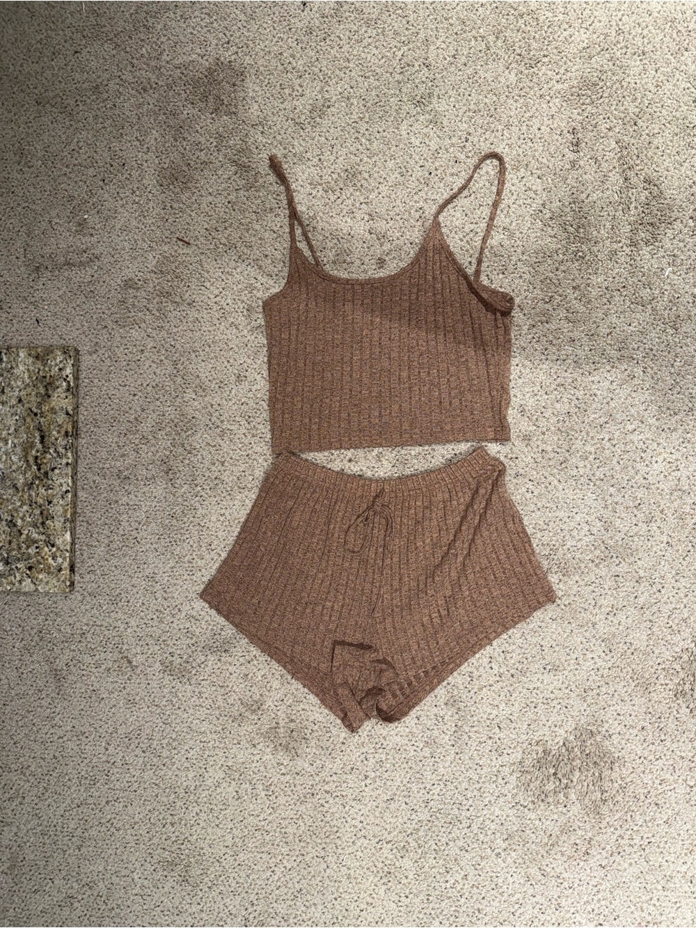 Cozy Ribbed Cami and Shorts Lounge Set - Brown
